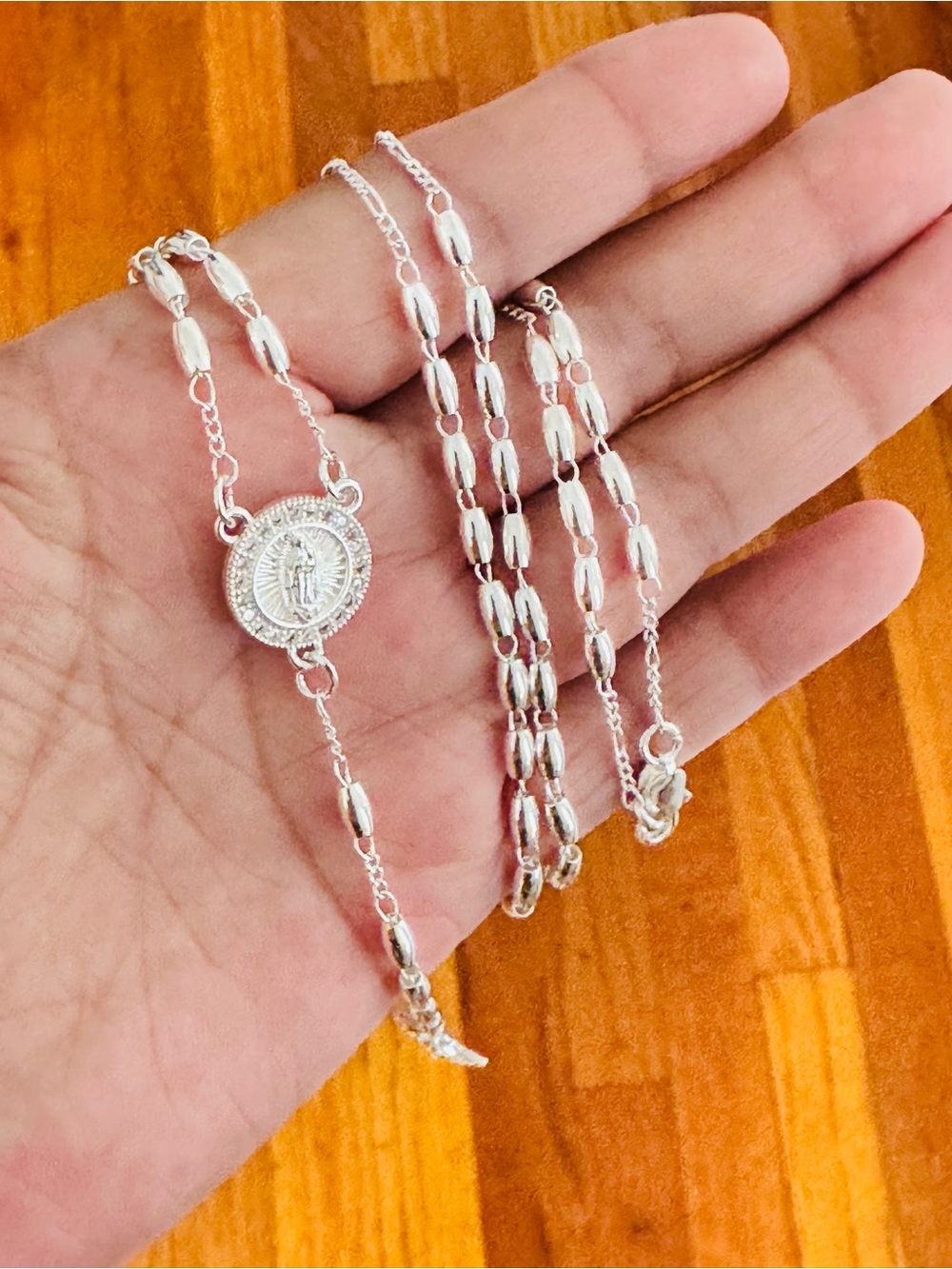 Silver Plated Miraculous Medal Rosary women’s Necklace. New